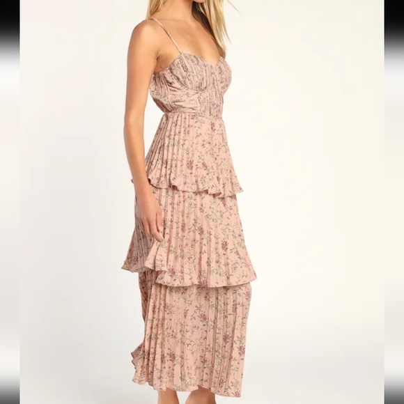 Lulu's Cascading Crush blush pink floral tiered sleeveless bustier midi dress - Picture 4 of 12